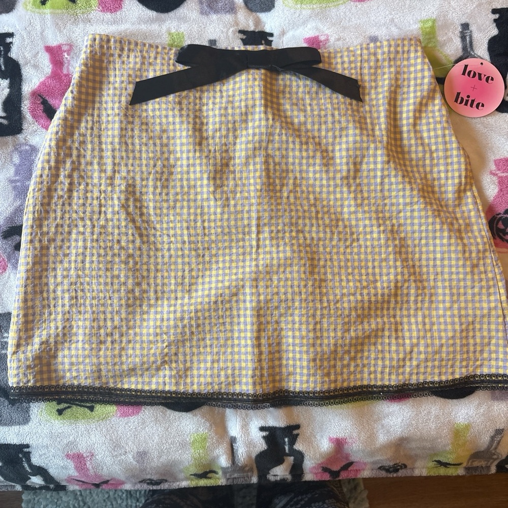 NWT Yellow Gray Gingham Mini Skirt w Black Bow | Coquette Preppy Y2K Juniors XL